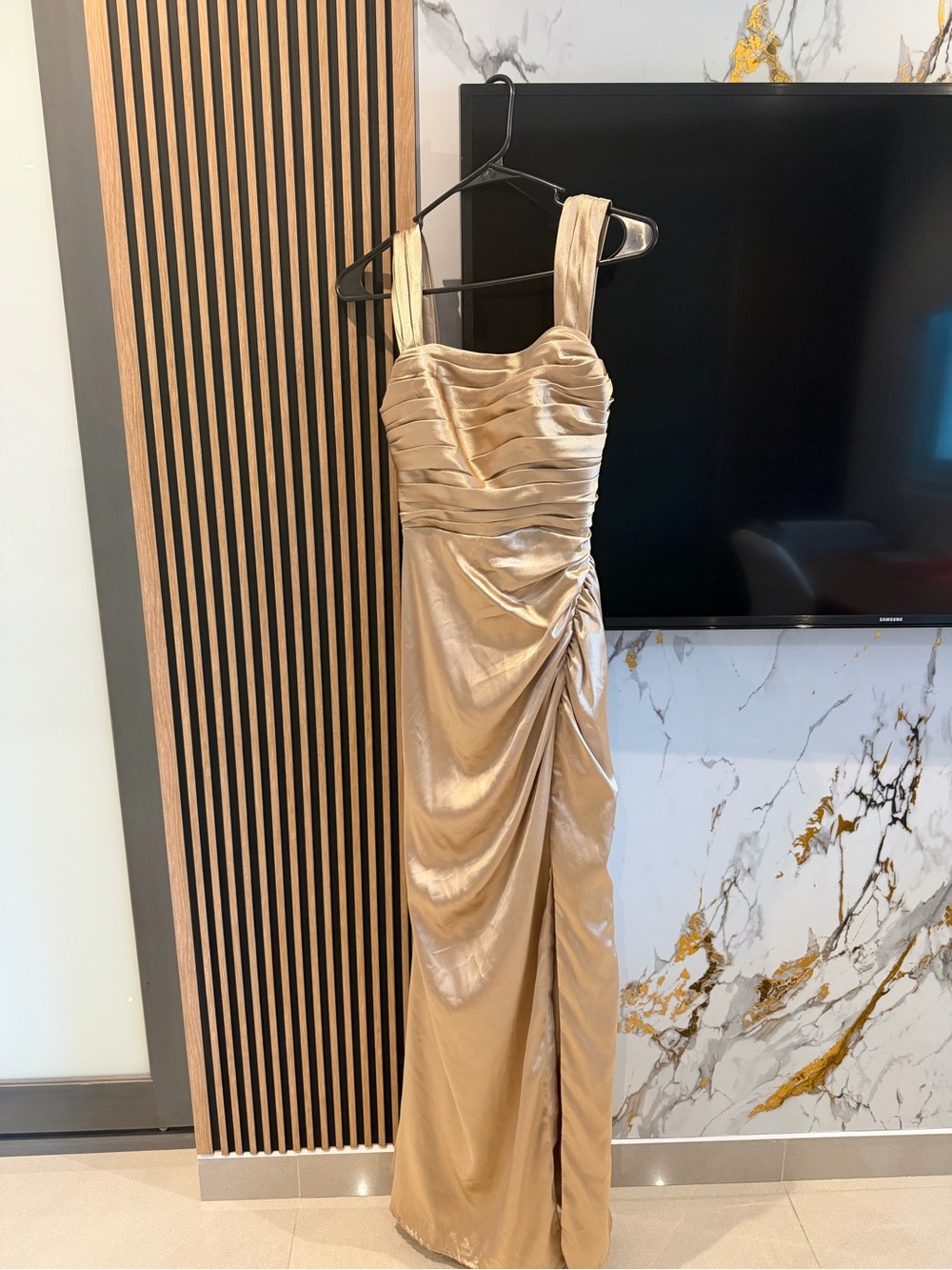 Azazie Champagne Satin Ruched Maxi Bridesmaid Dress Size A0 Altered - Picture 3 of 5
